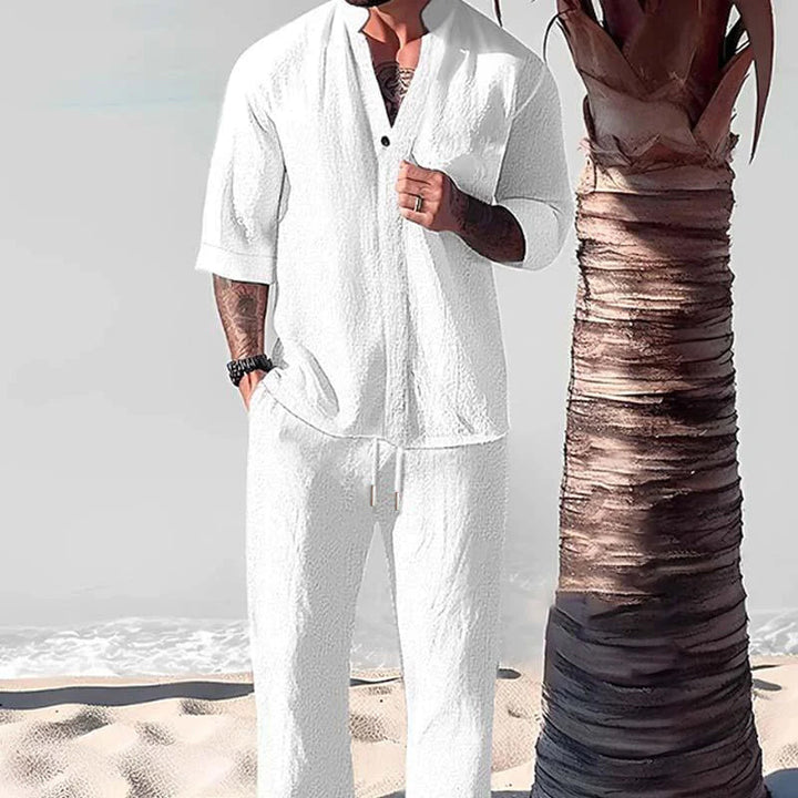 Kael | Men's Linen Two Piece Set with Half Sleeve Shirt and Drawstring Pants