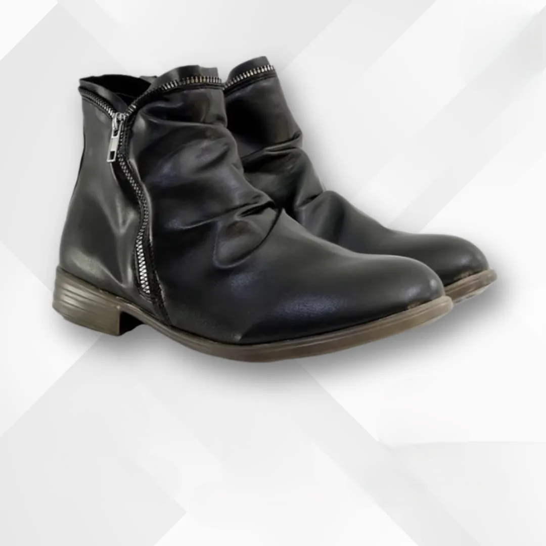 Women's ruched ankle boots with side zippers and low block heels