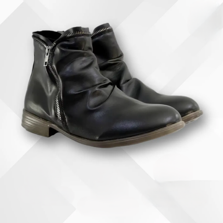 Women's ruched ankle boots with side zippers and low block heels