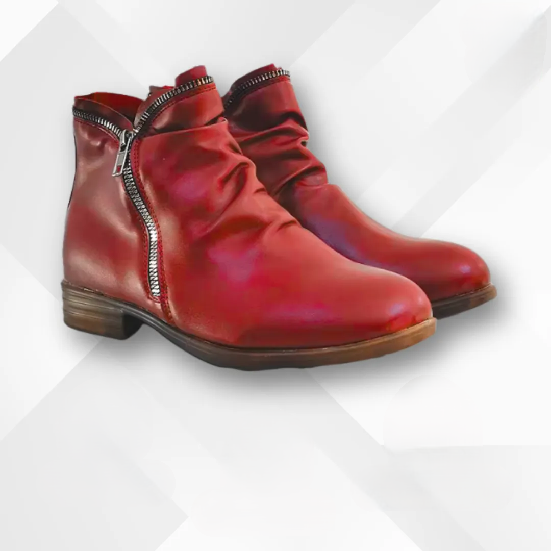 Women's ruched ankle boots with side zippers and low block heels