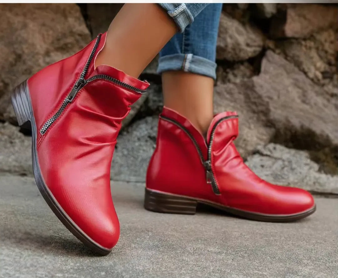 Women's ruched ankle boots with side zippers and low block heels
