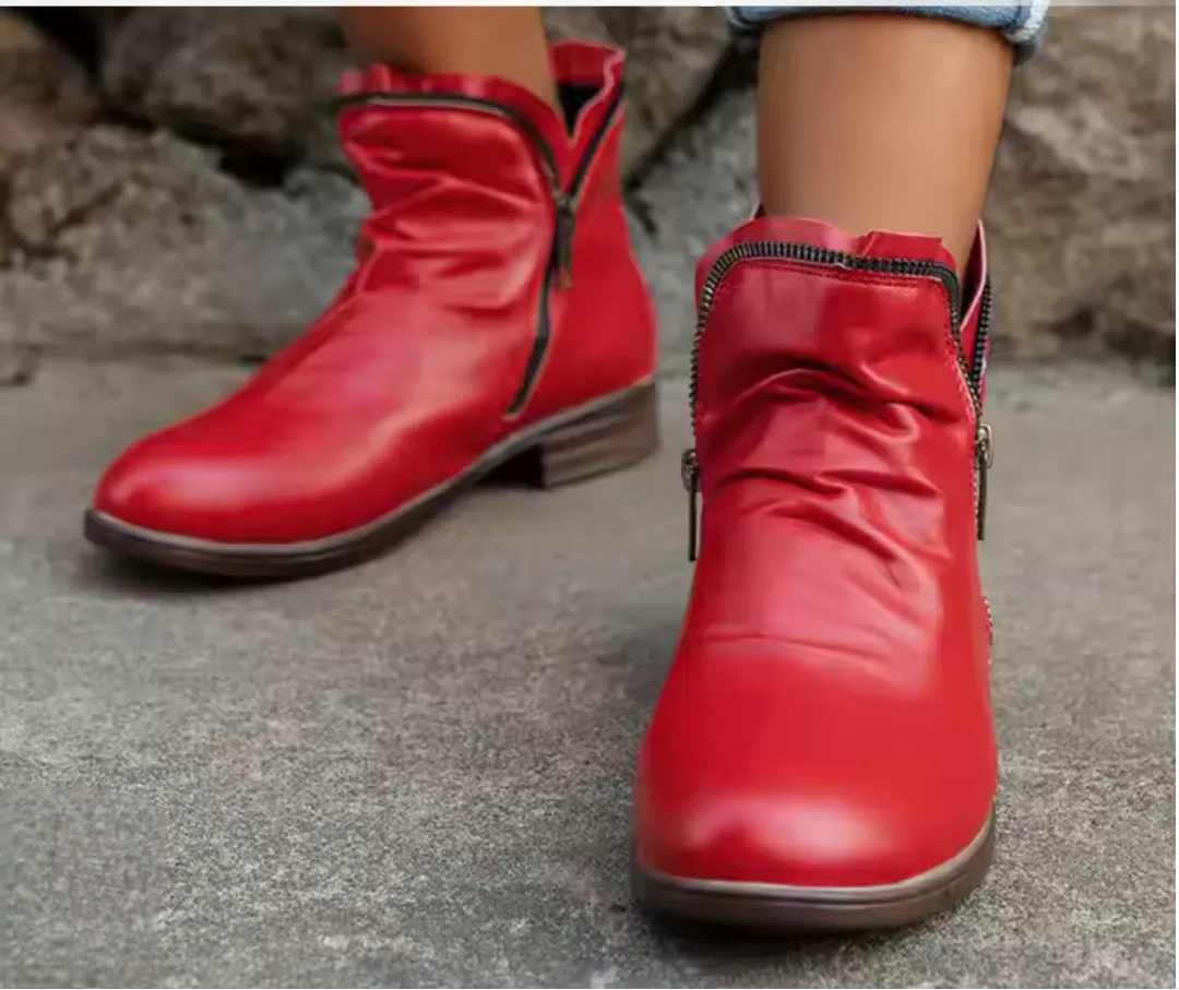 Women's ruched ankle boots with side zippers and low block heels