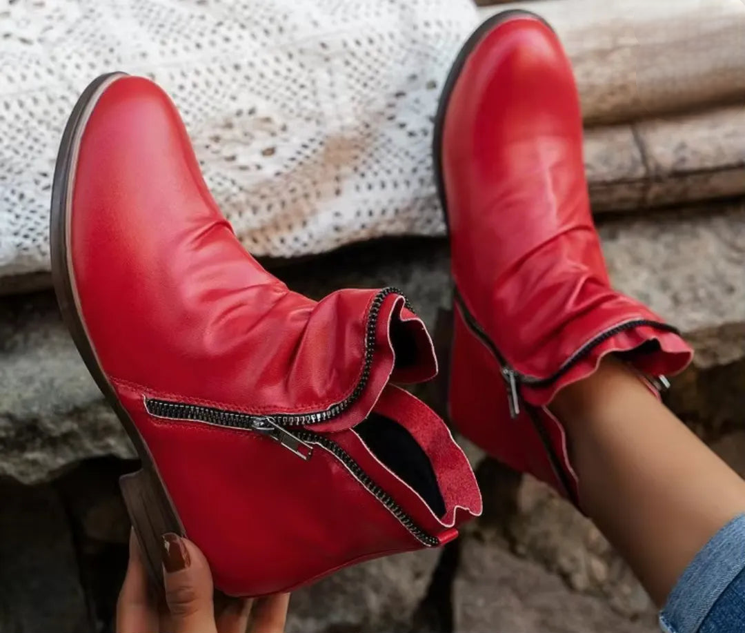 Women's ruched ankle boots with side zippers and low block heels