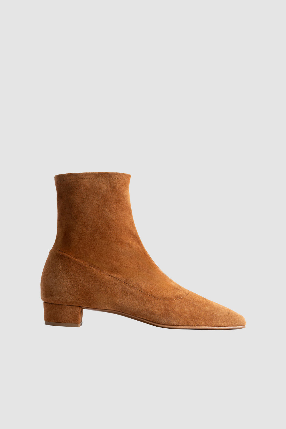 Tan ankle boots with pointed toe and low block heel