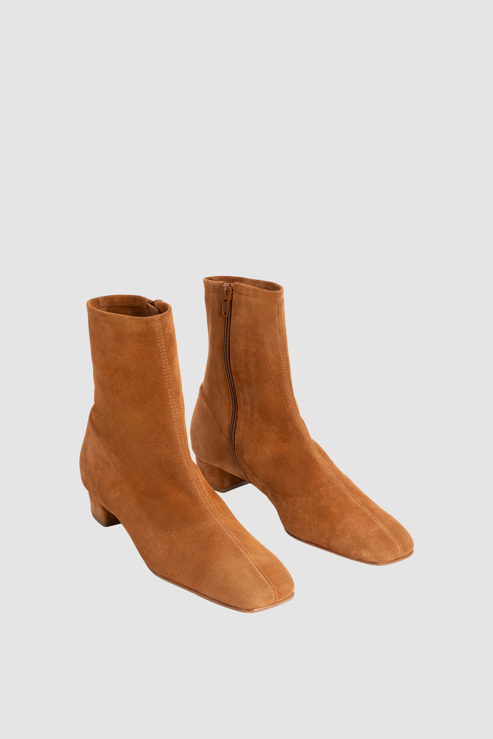Tan ankle boots with pointed toe and low block heel