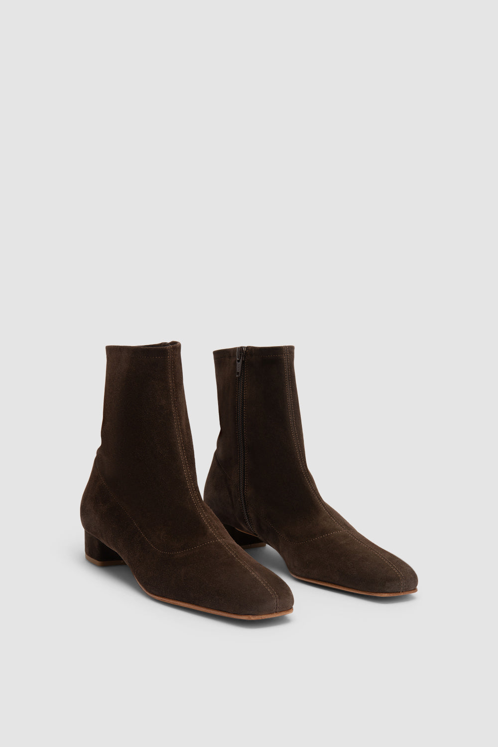 Brown suede ankle boots with square toes and low block heels