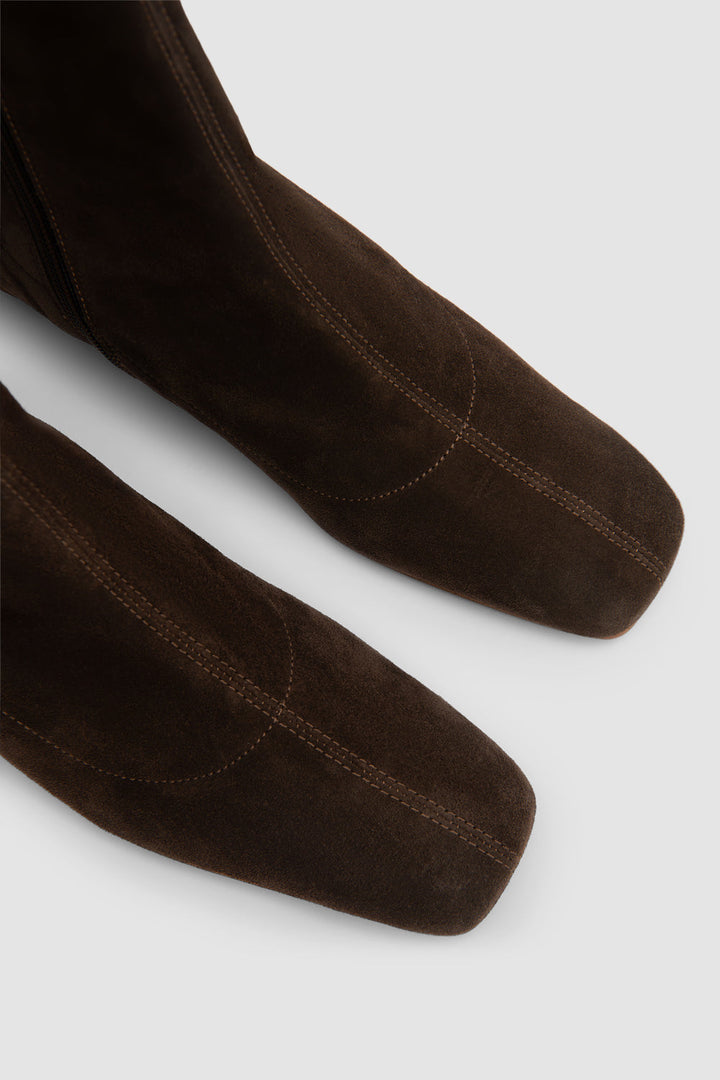 Brown suede ankle boots with square toes and low block heels