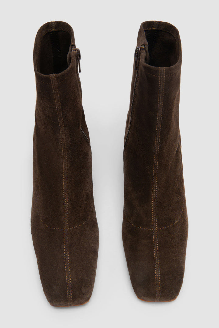 Brown suede ankle boots with square toes and low block heels
