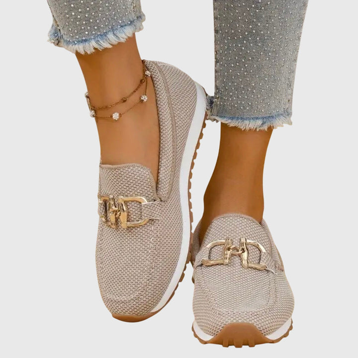 Women's textured slip-on loafers with round toes and metal details