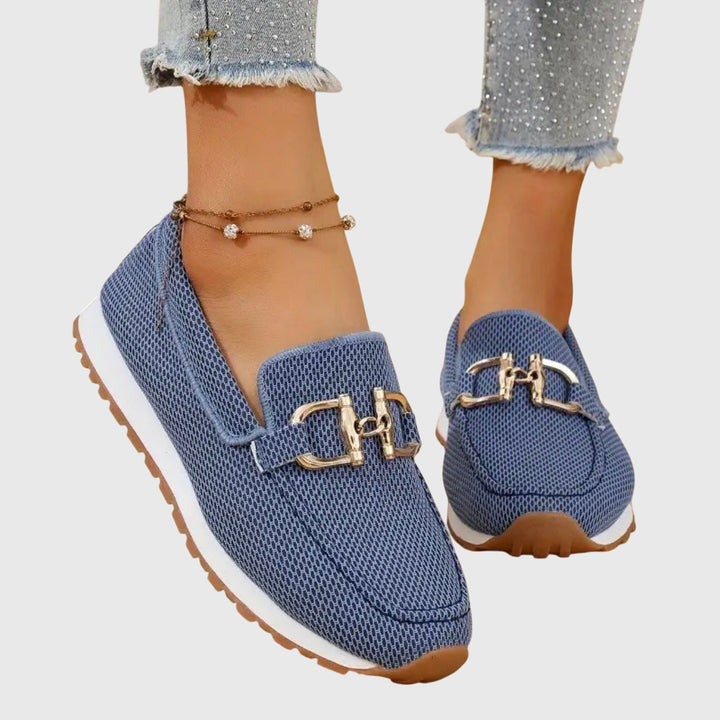 Women's textured slip-on loafers with round toes and metal details