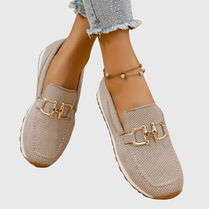 Women's textured slip-on loafers with round toes and metal details