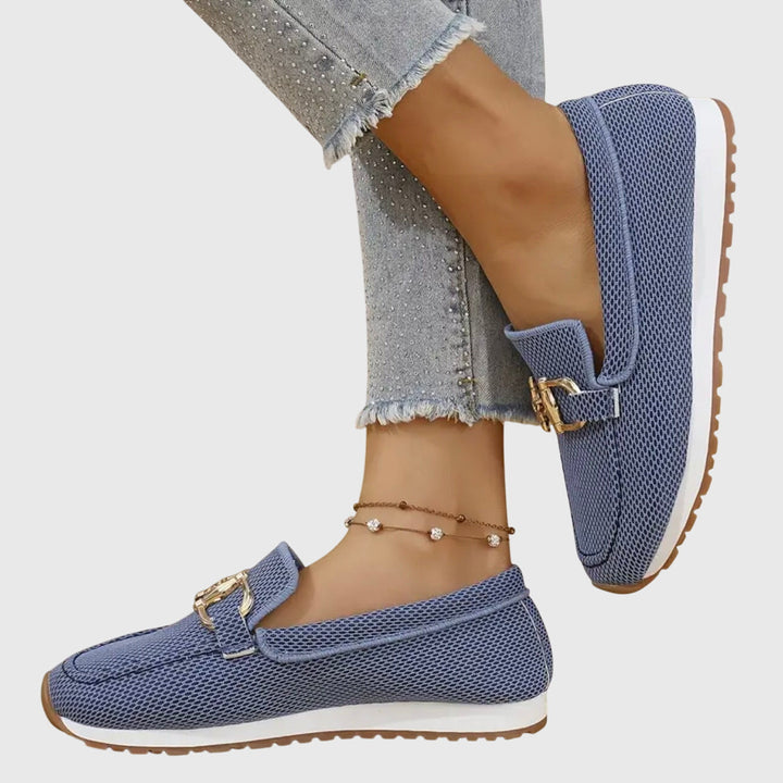 Women's textured slip-on loafers with round toes and metal details