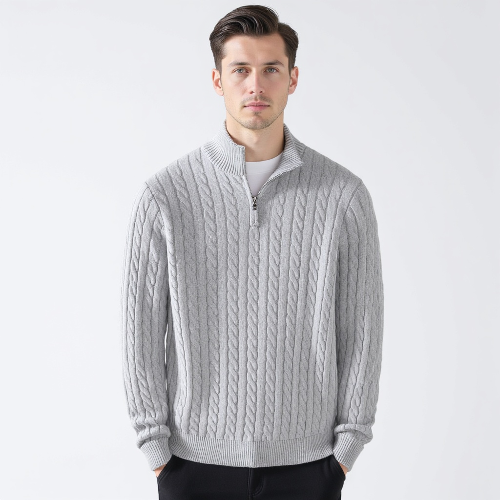 Men's cable knit quarter zip sweater with stand collar