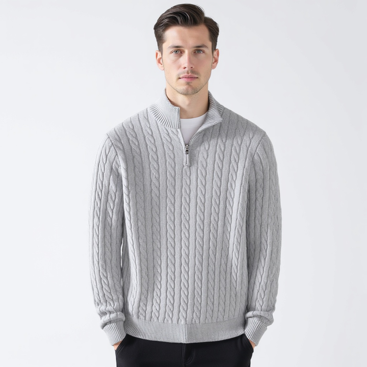 Men's cable knit quarter zip sweater with stand collar