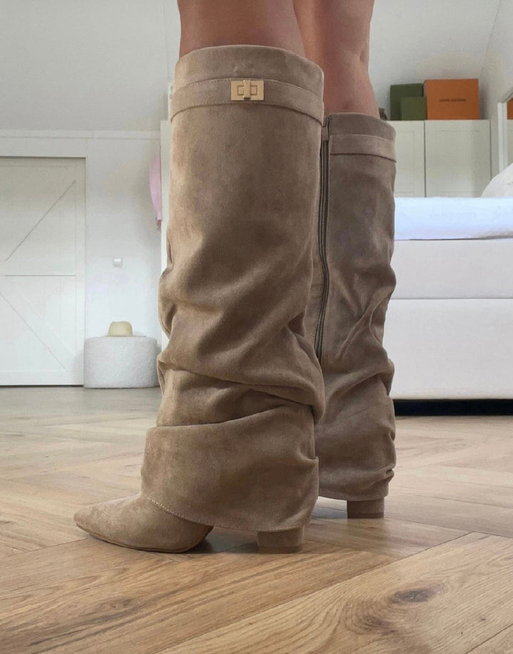 Women's khaki slouch knee-high boot with metal buckle band and side zip closure