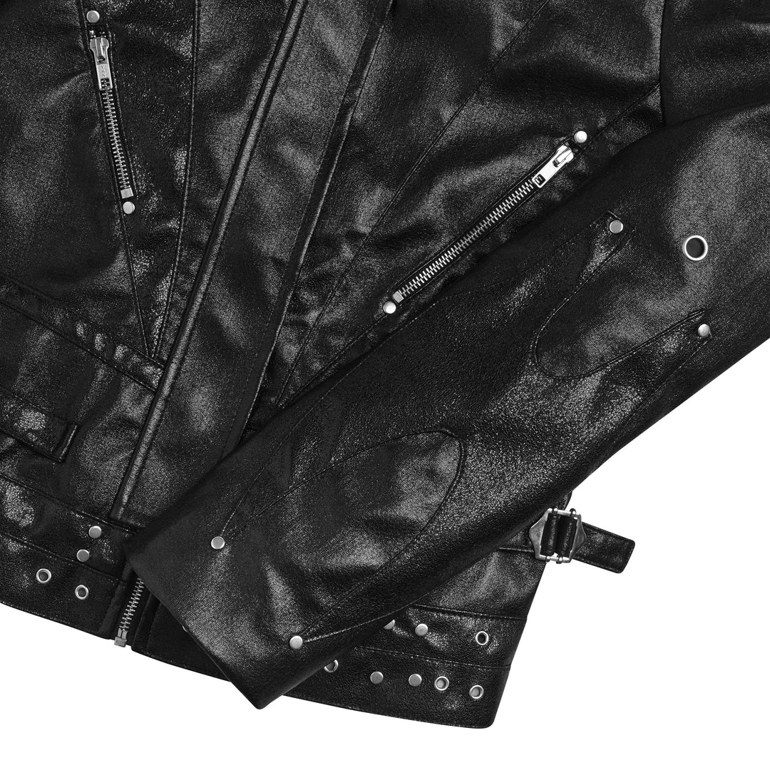 Black hooded jacket with trimmed hood, zip pockets and stud details