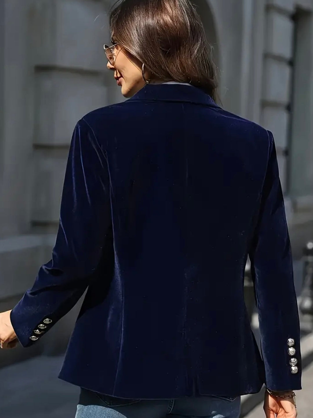 Women's midnight navy velvet blazer with notch collar and button cuffs