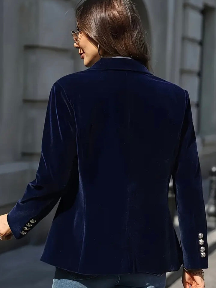 Women's midnight navy velvet blazer with notch collar and button cuffs