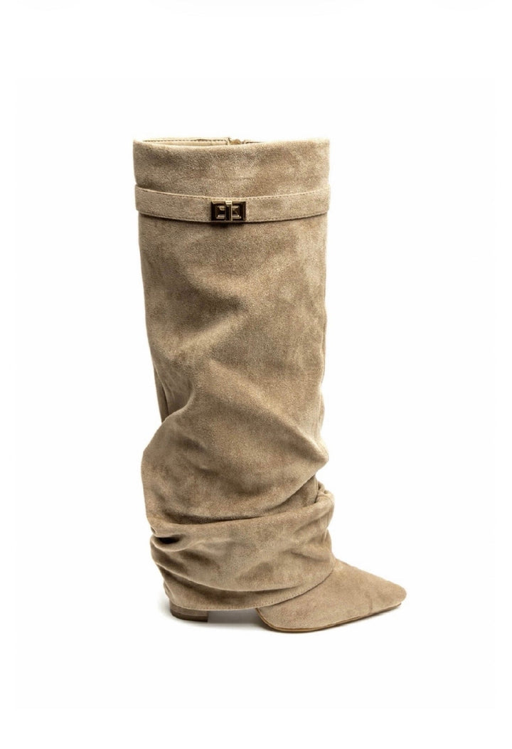 Women's khaki slouch boots with buckle band detail, side zip, and gathered shaft