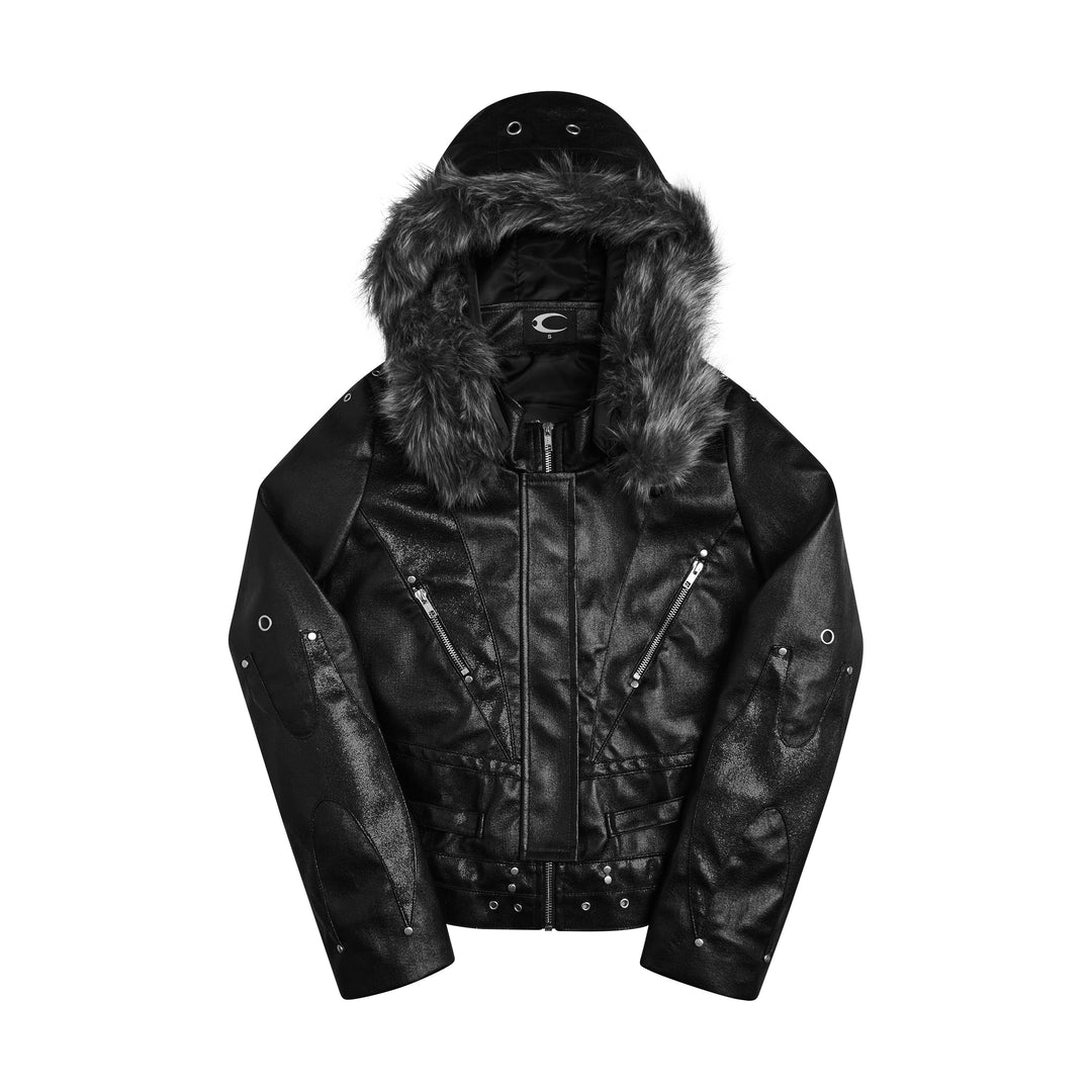 Black hooded jacket with trimmed hood, zip pockets and stud details