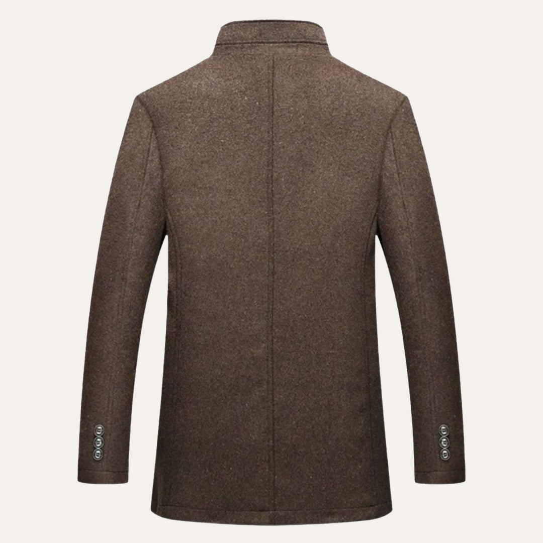 Men's mid-length patterned coat with high collar and button front
