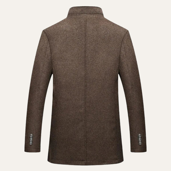 Men's mid-length patterned coat with high collar and button front