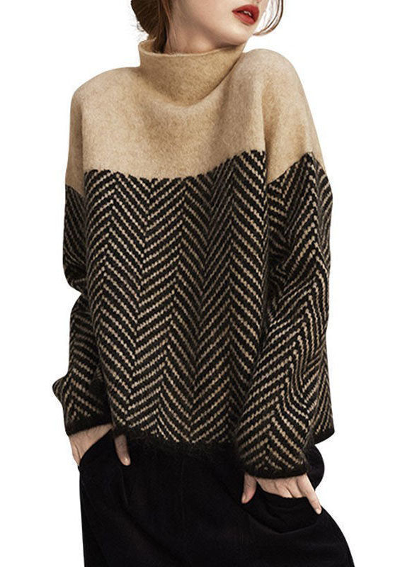 Women's geometric patchwork knit jumper with turtleneck and long sleeves