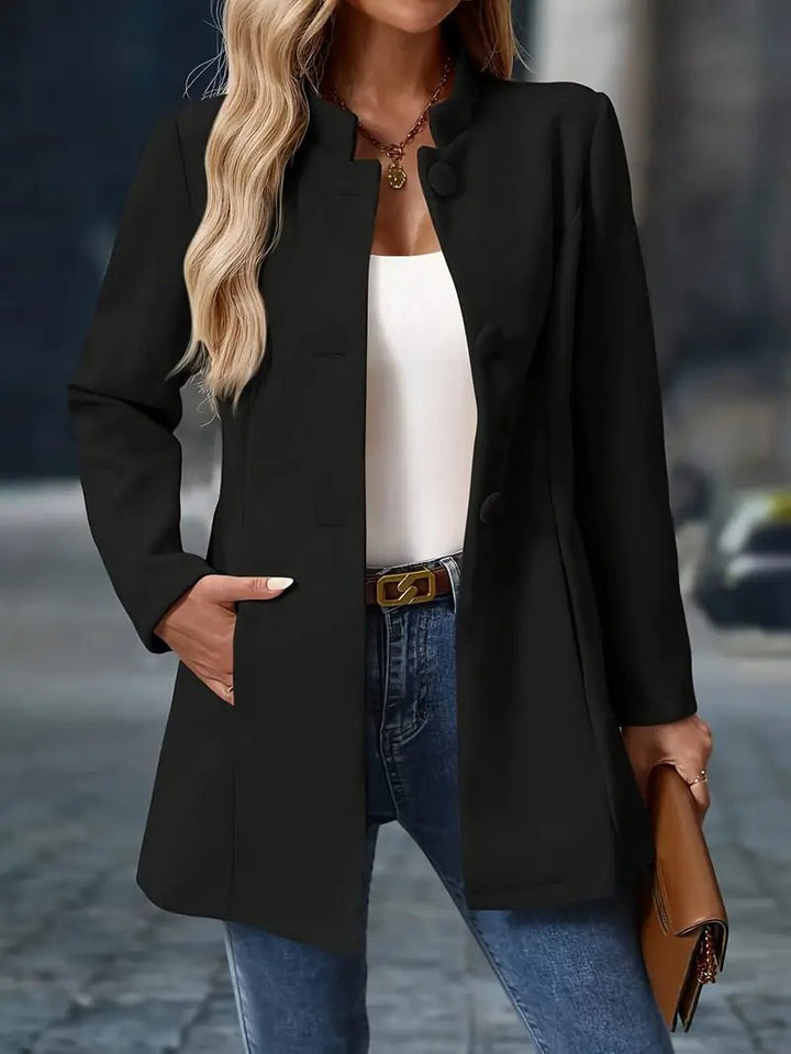 Women's long coat with high neckline and large front buttons