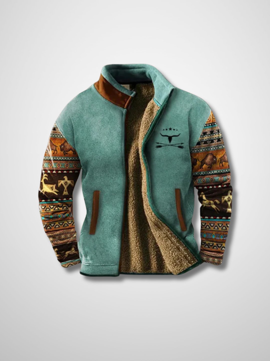 Men's patterned sherpa-lined jacket with zip front and stand collar