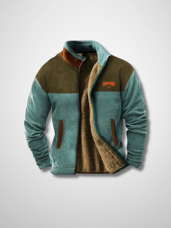 Men's patterned sherpa-lined jacket with zip front and stand collar