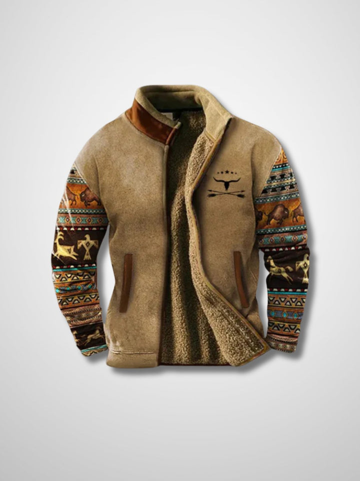 Men's patterned sherpa-lined jacket with zip front and stand collar