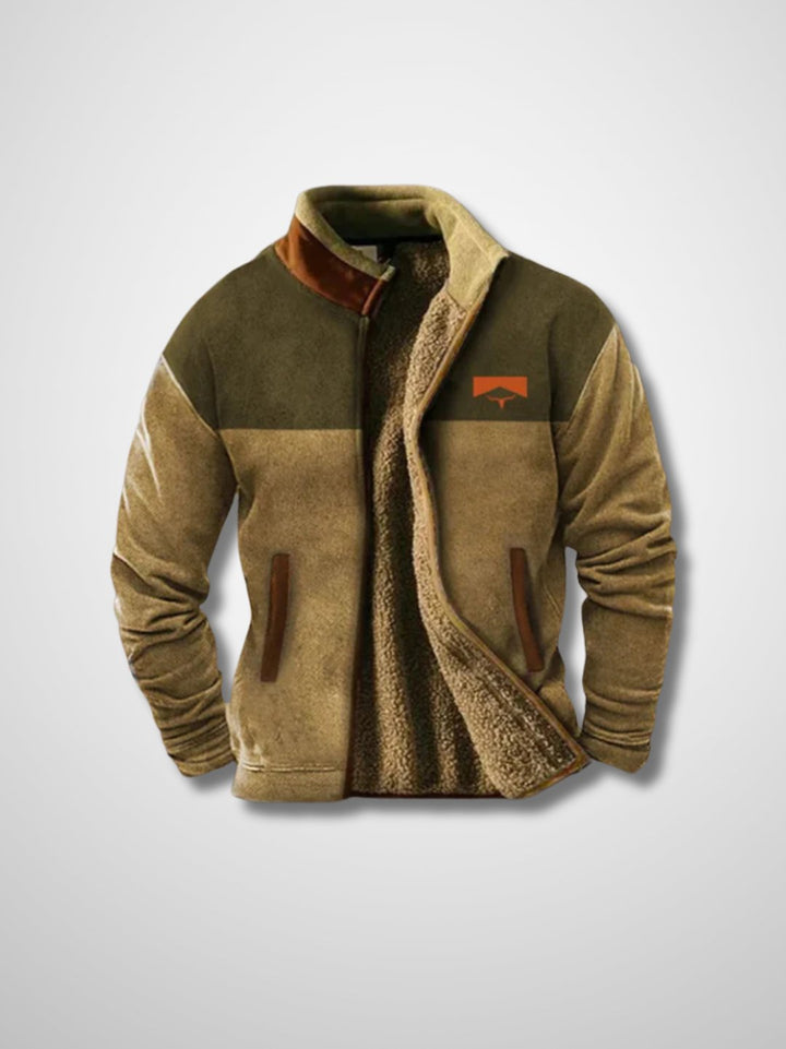 Men's patterned sherpa-lined jacket with zip front and stand collar