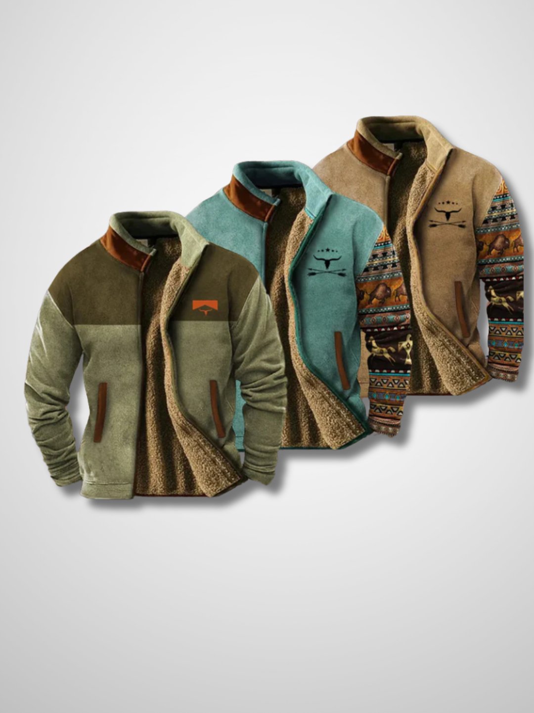 Men's patterned sherpa-lined jacket with zip front and stand collar