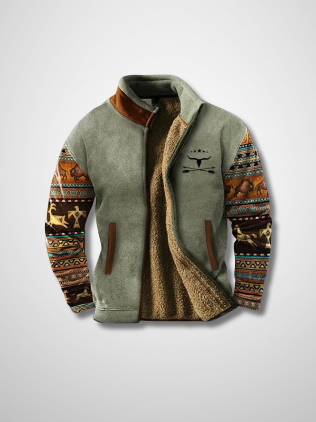 Men's patterned sherpa-lined jacket with zip front and stand collar