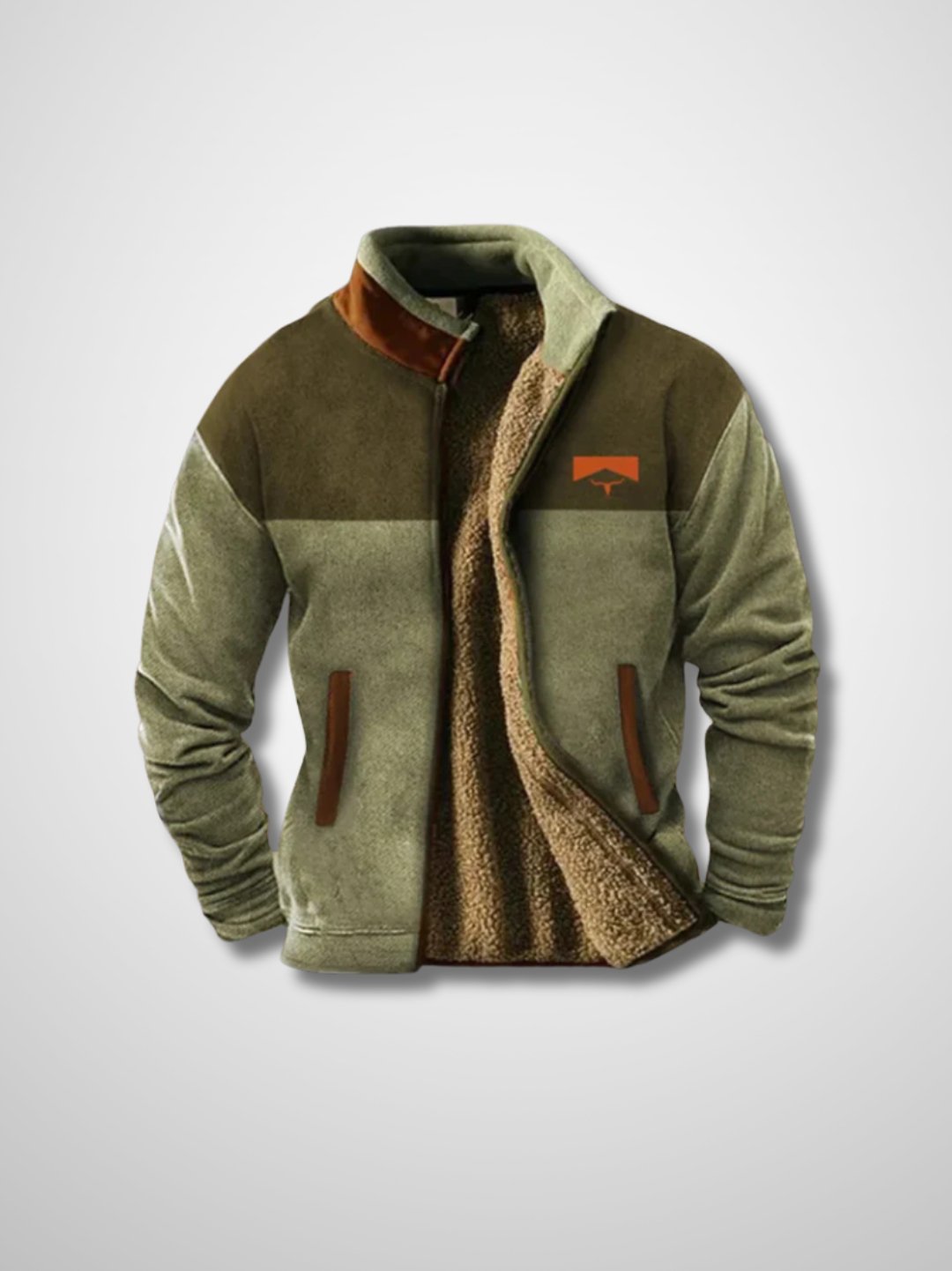 Men's patterned sherpa-lined jacket with zip front and stand collar