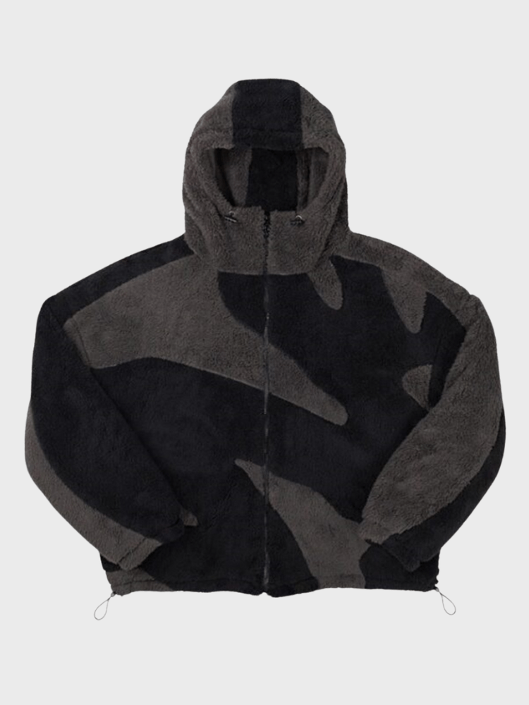 Men's hooded geometric fleece jacket with long sleeves and zip front