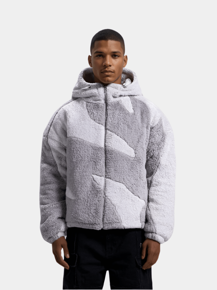 Men's hooded geometric fleece jacket with long sleeves and zip front
