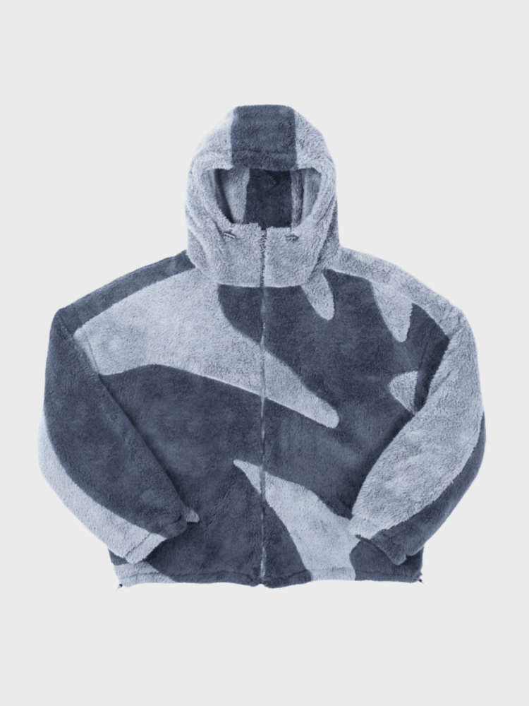 Men's hooded geometric fleece jacket with long sleeves and zip front