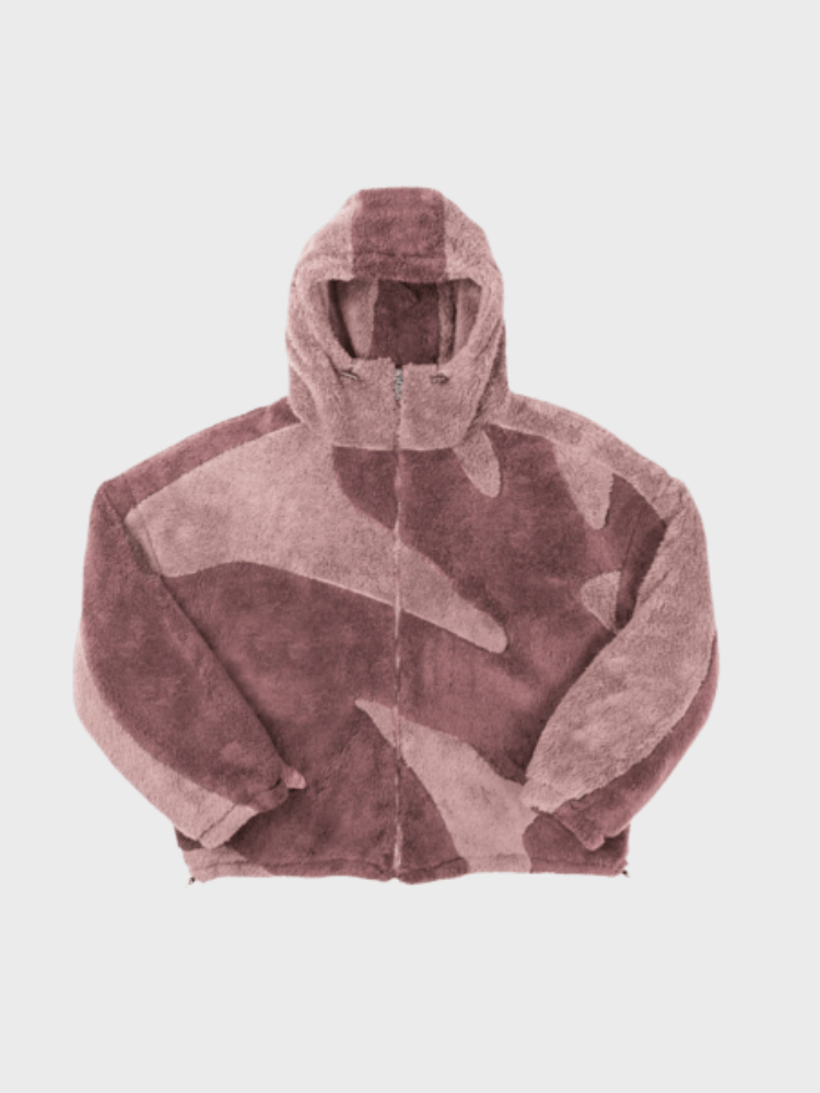Men's hooded geometric fleece jacket with long sleeves and zip front