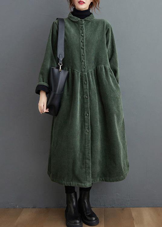 Women's long ribbed button-front coat with flared silhouette and side pockets