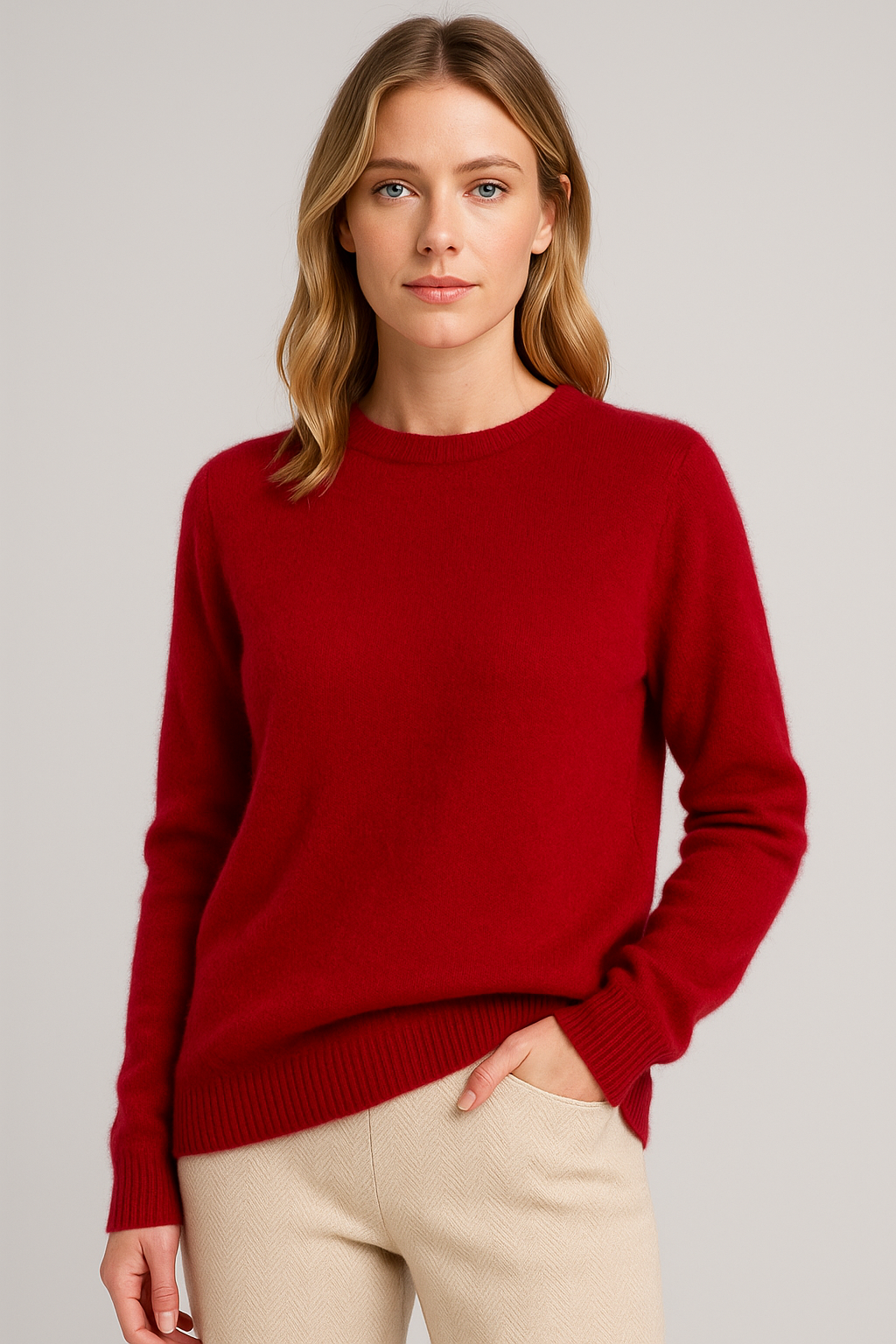 Women's plain crew neck sweater with long sleeves and ribbed trims