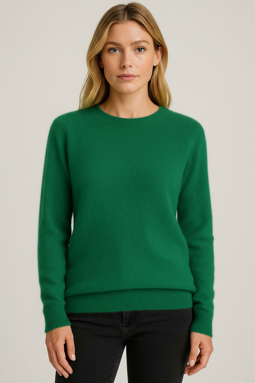 Women's plain crew neck sweater with long sleeves and ribbed trims