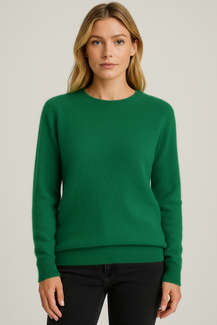 Women's plain crew neck sweater with long sleeves and ribbed trims
