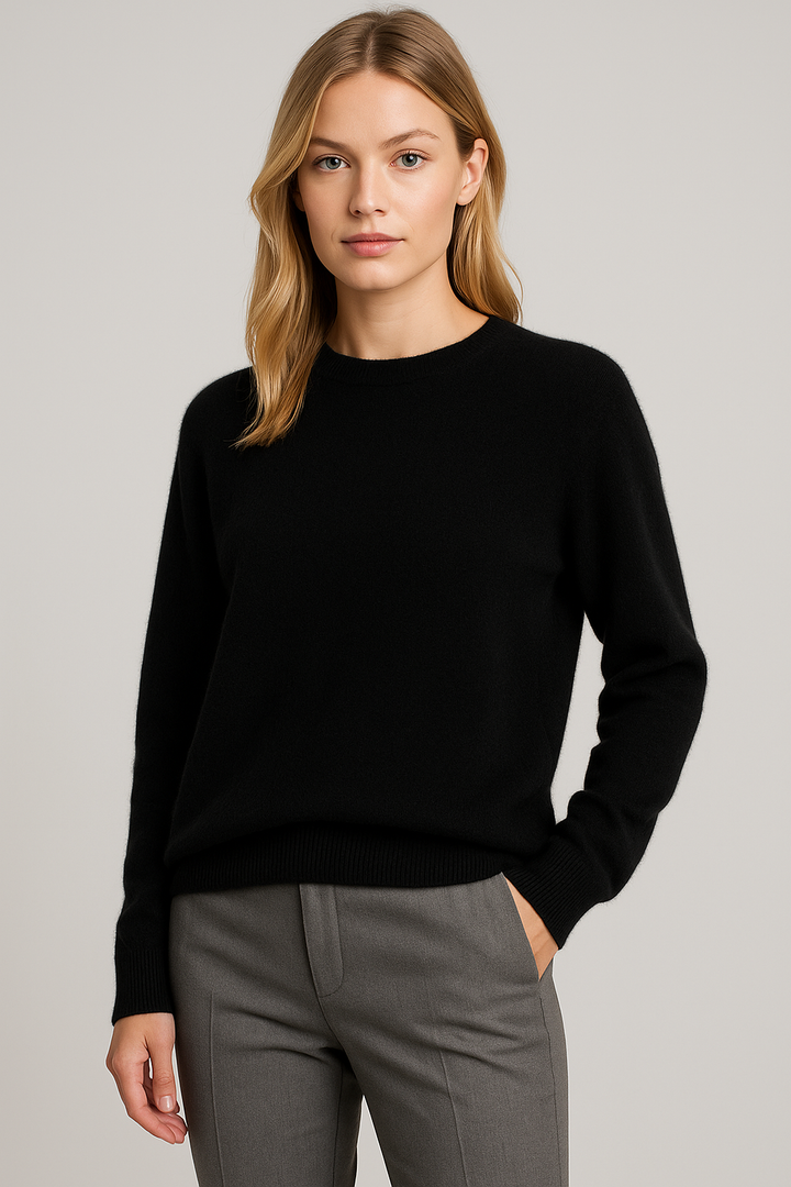 Women's plain crew neck sweater with long sleeves and ribbed trims