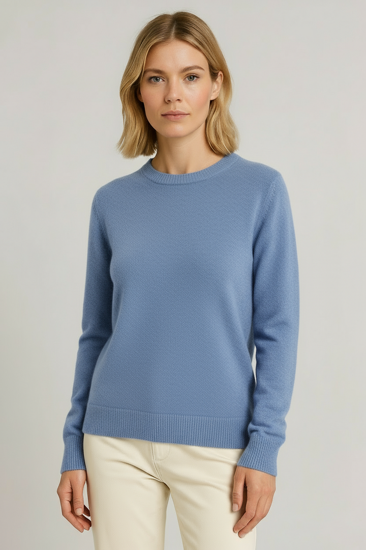 Women's plain crew neck sweater with long sleeves and ribbed trims