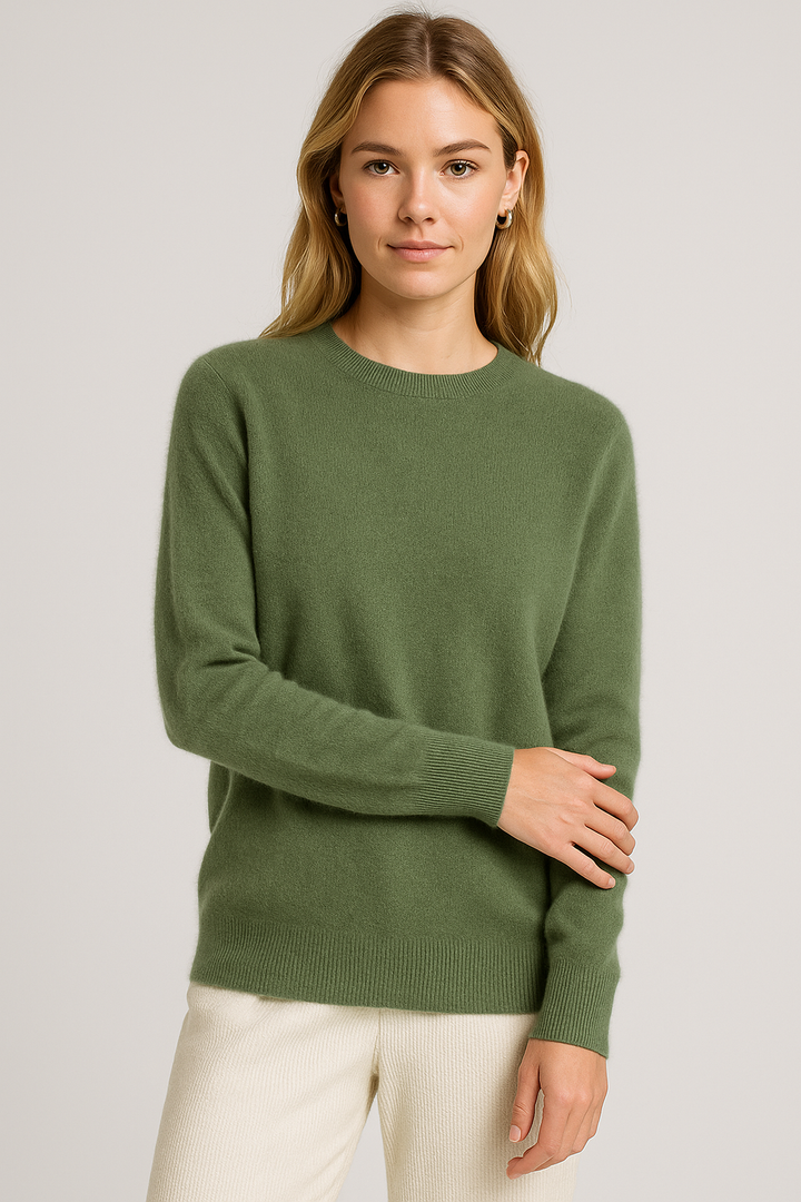 Women's plain crew neck sweater with long sleeves and ribbed trims