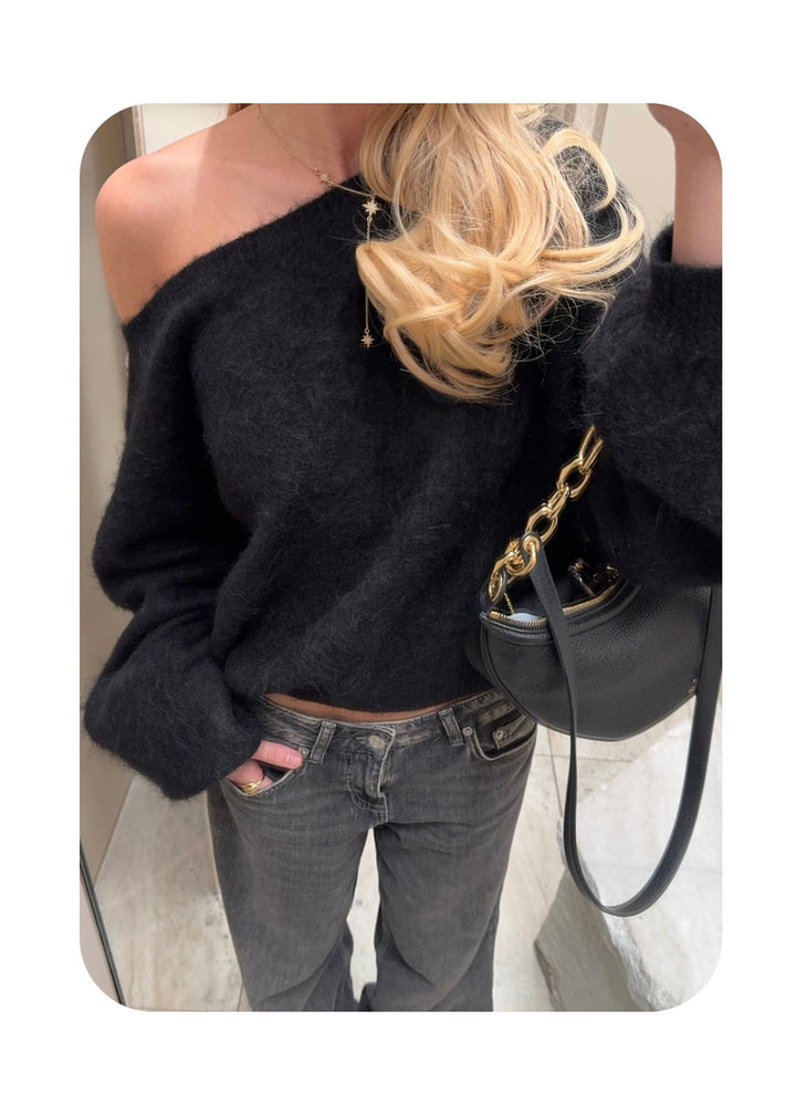 Women's fluffy off-shoulder sweater with long sleeves
