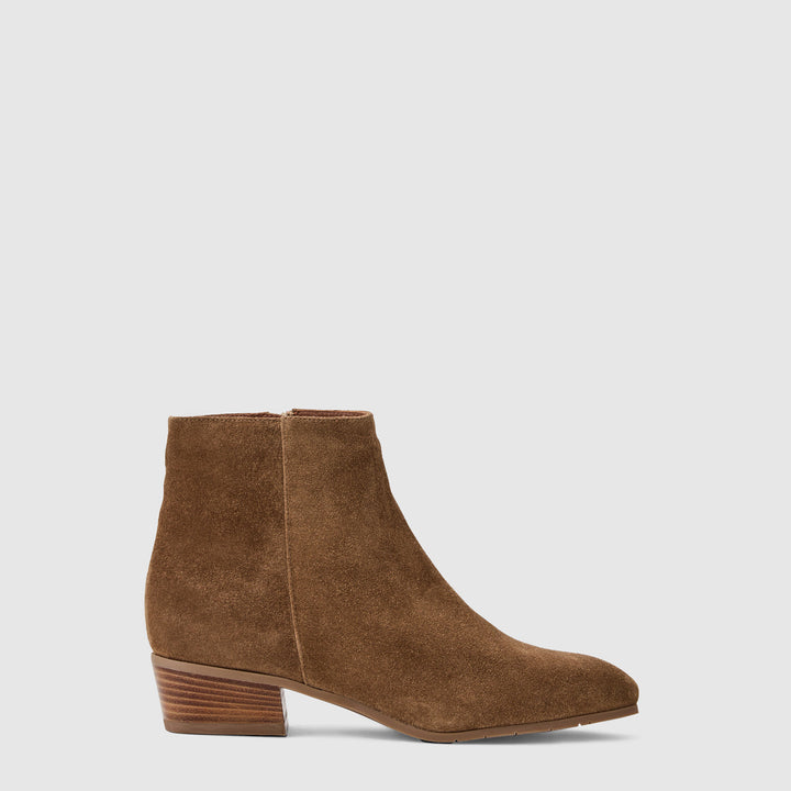 Women's brown suede ankle boots with pointed toes and low block heels
