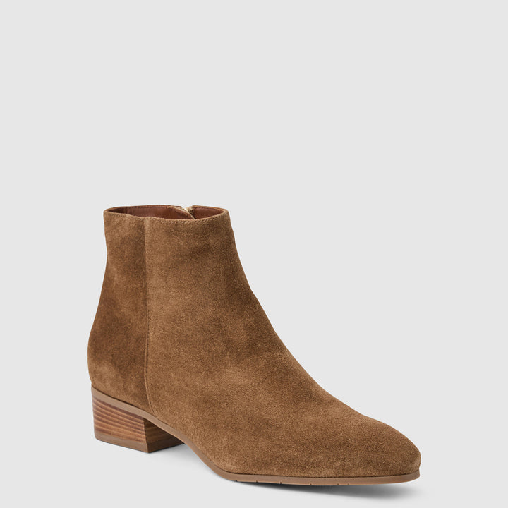 Women's brown suede ankle boots with pointed toes and low block heels