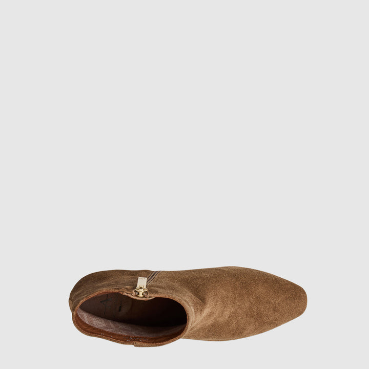 Women's brown suede ankle boots with pointed toes and low block heels